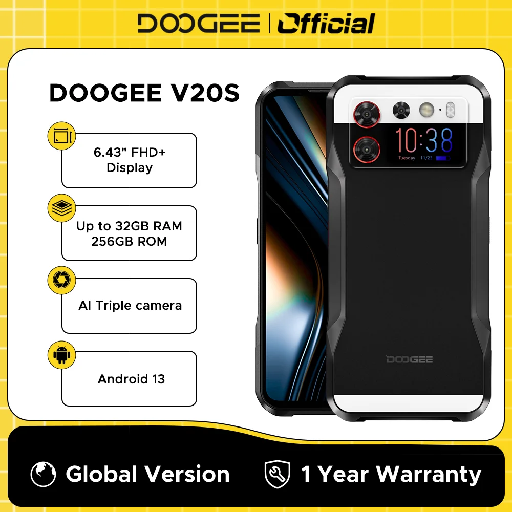 DOOGEE-teléfono inteligente resistente V20S, smartphone con pantalla trasera AMOLED de 6020 pulgadas, 12GB + 1,58 GB, textura de cuero con soporte,