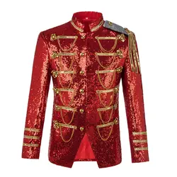 Men Red Sequin Blazer Jacket Stage Costume MJ Uniform Bleazers Para Hombre with Chains