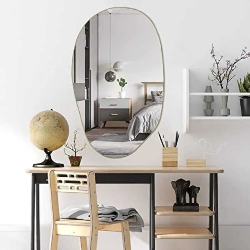 Irregular Wall Mirror, 33.5"x20.5" Asymmetrical Mirrors, Unique Shaped Mirror, Gold Modern Mirror for Living Room Bathroom