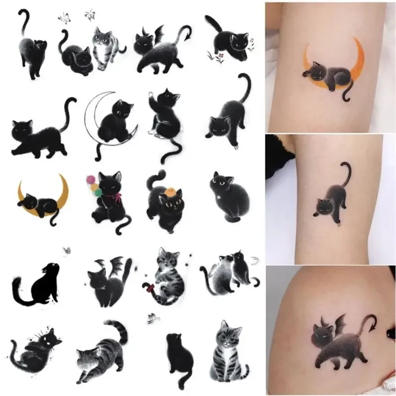 Tatuajes temporales de mariposa de gato de dibujos animados para mujeres y hombres, tatuaje de clavícula, brazo impermeable, pegatina de gatito, arte duradero, tatuaje falso