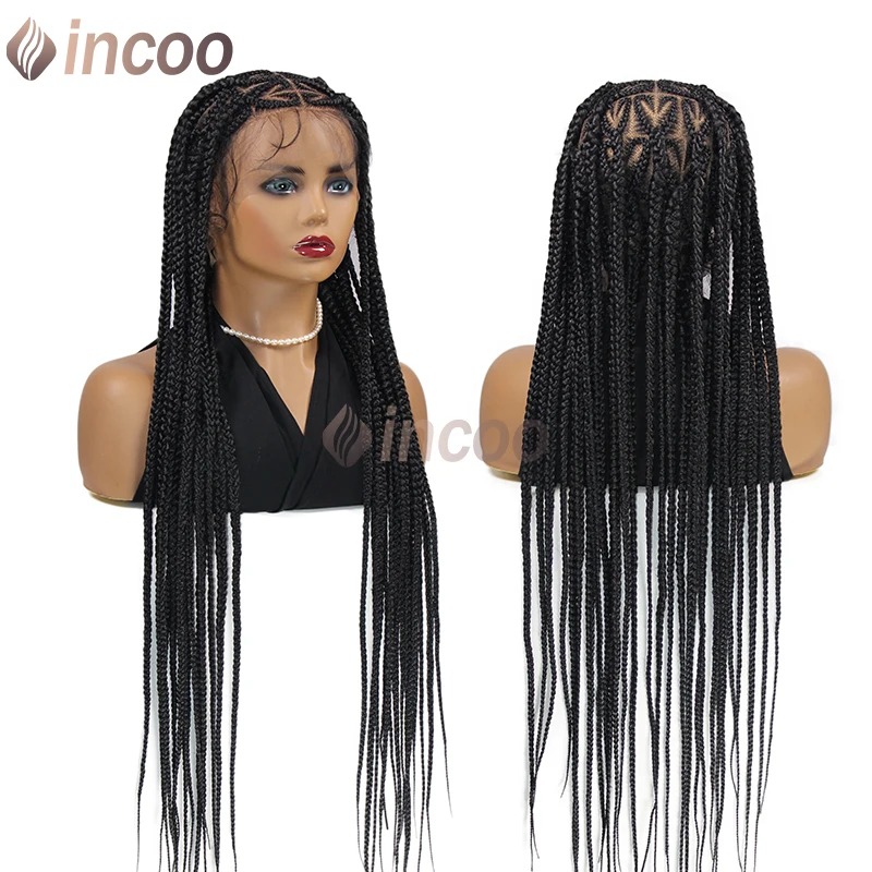 Incoo 36 Inch Heart Shaped Synthetic Braided Wig Senegalese Full Lace Frontal Wigs Goddess Jumbo Box Braid Wigs Lace Front Wig