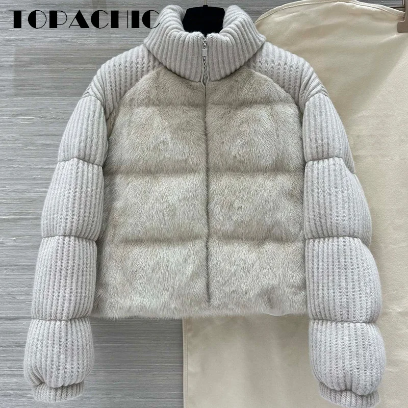 9.9 TOPACHIC-Women High Quality Mink Spliced Cashmere Knit Goose Down Keep Warm Down Jacket Hem Adjustable Drawstring Outerwear