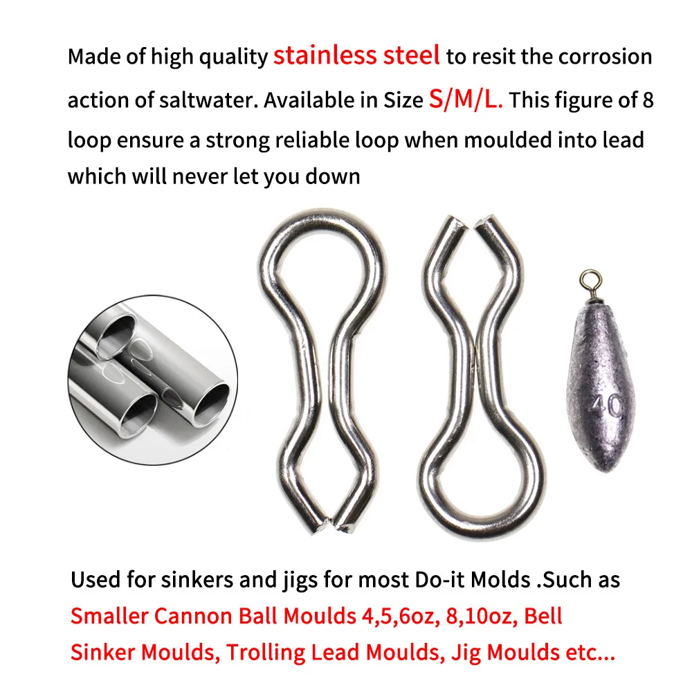 Elllv 50pcs Stainless Steel DO-IT Mould Loops Anti-corrsion Fishing Sinkers Jigs Lure Molding Wire Eyelets Splay Rings S M L