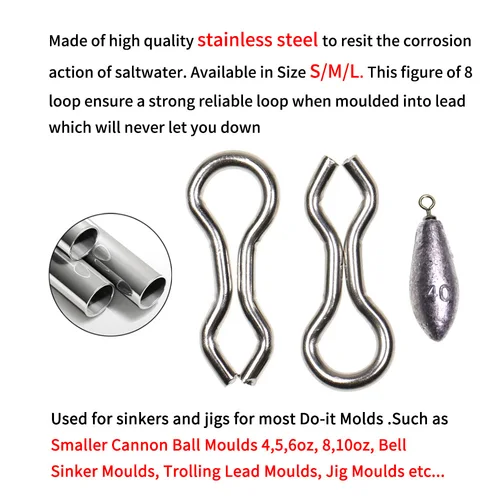 Imagen 2 del producto Elllv 50 Uds. De bucles de molde de DO-IT de acero inoxidable, plantillas de plomos de pesca anticorsión, moldeo de señuelos, ojales de alambre, anillos S M L