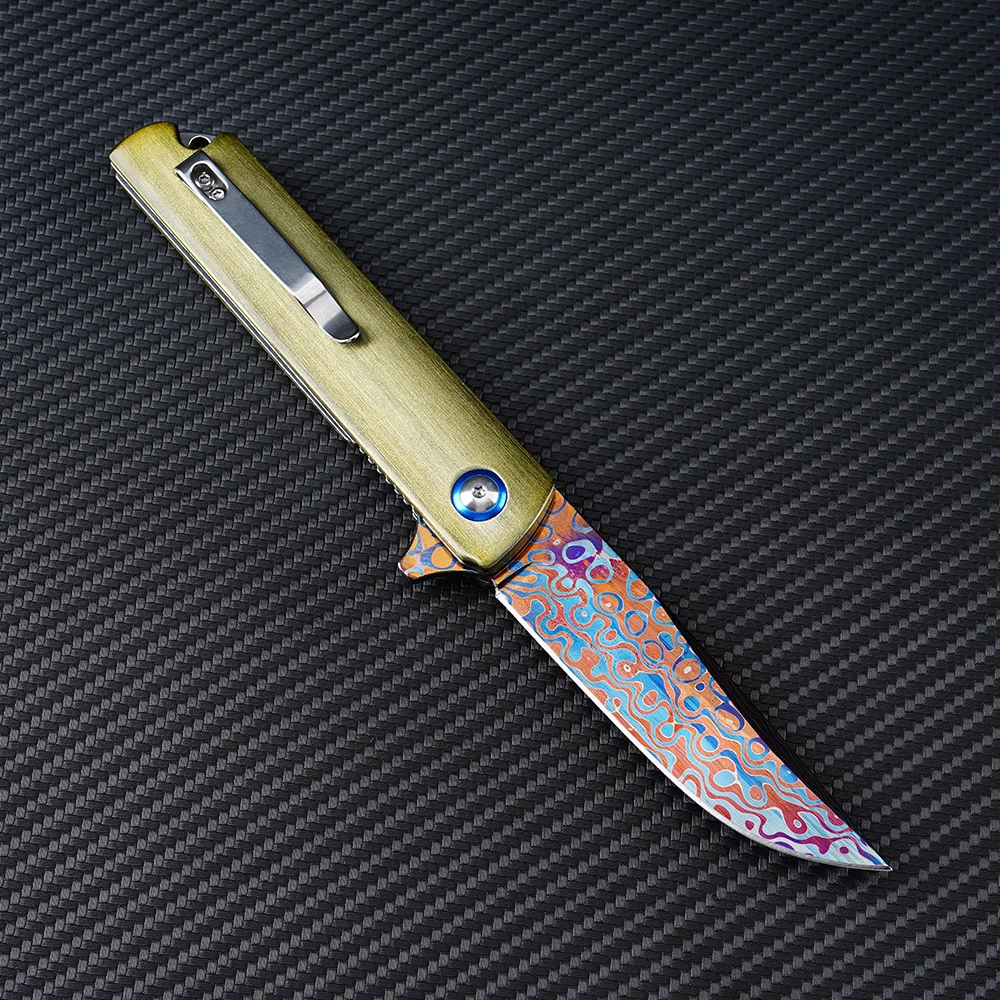 Blue Damascus Knife Aluminum Alloy Handle Outdoor Survival Camping Hunting Folding Knife Portable EDC Collection Pocket Knife view 2