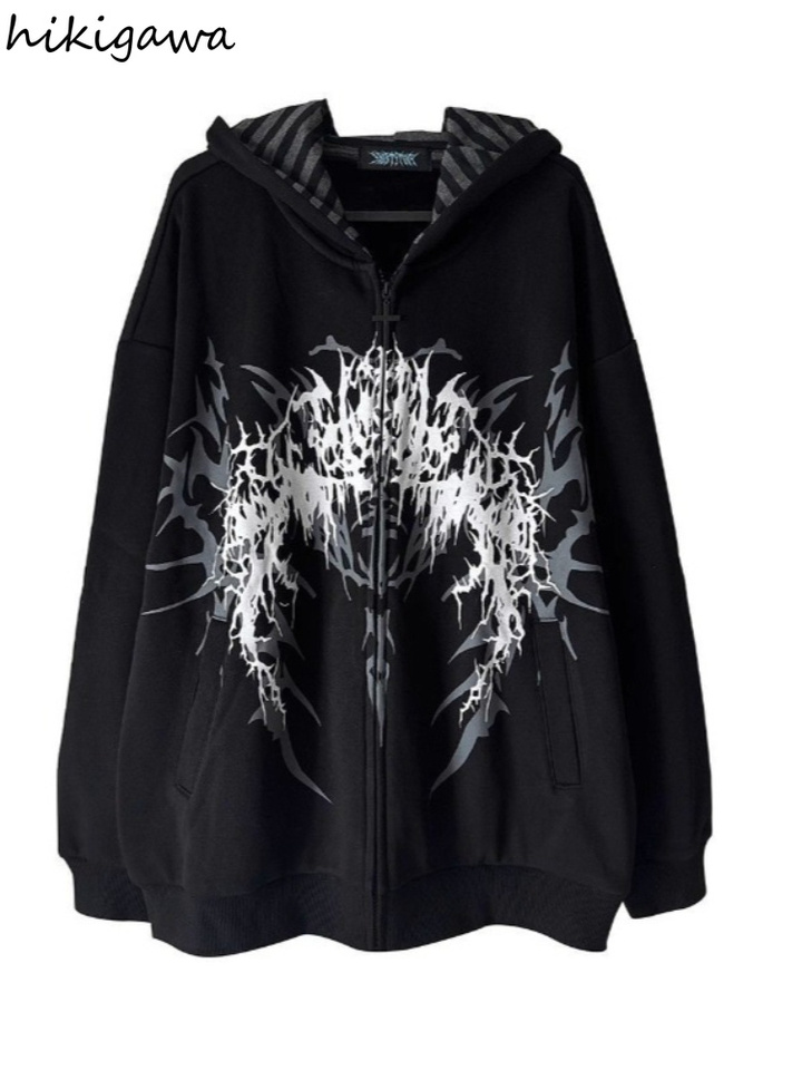 Japanese Hoodies Harajuku Print Zipper Y2k Tops Hooded Loose Sweatshirts Women's Clothing Fashion Casual Punk Hoodie Jackets