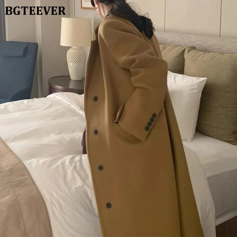 BGTEEVER Winter Long Sleeve Warm Women Woolen Coats Vintage Lapel Single-breasted Ladies Blend Overcoats