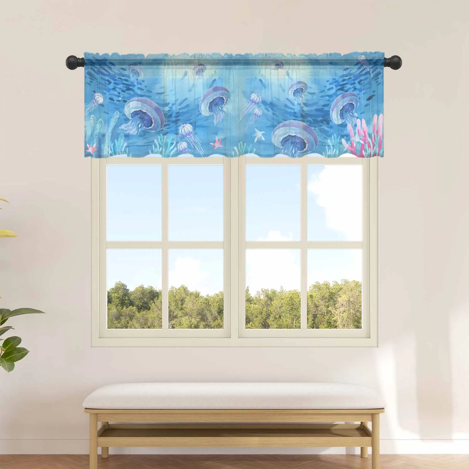 Ocean Coral Starfish Jellyfish Shoal Summer Small Window Curtain Tulle Sheer Short Curtain Living Room Home Decor Voile Drapes