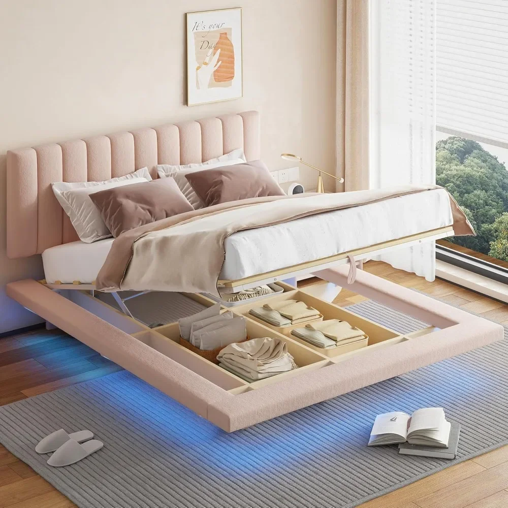 

Queen Size Velvet Upholstered Platform Bed Frame with Hydraulic Lift Up Storage Space, LED Light and Charging Station