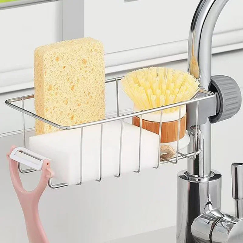 Stainless Steel Sink Drain Rack Sponge Towel Rag Faucet Storage Holder Soap Drainer Shelf Basket Bathroom Kitchen Organizer