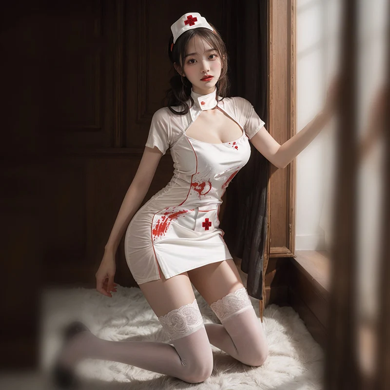 

Women Sexy Lingerie Cosplay Nurse Uniform Set Halloween Vampire Doctor Dress Erotic Nurse Exotic Costume Hollow Out Sexy Dress