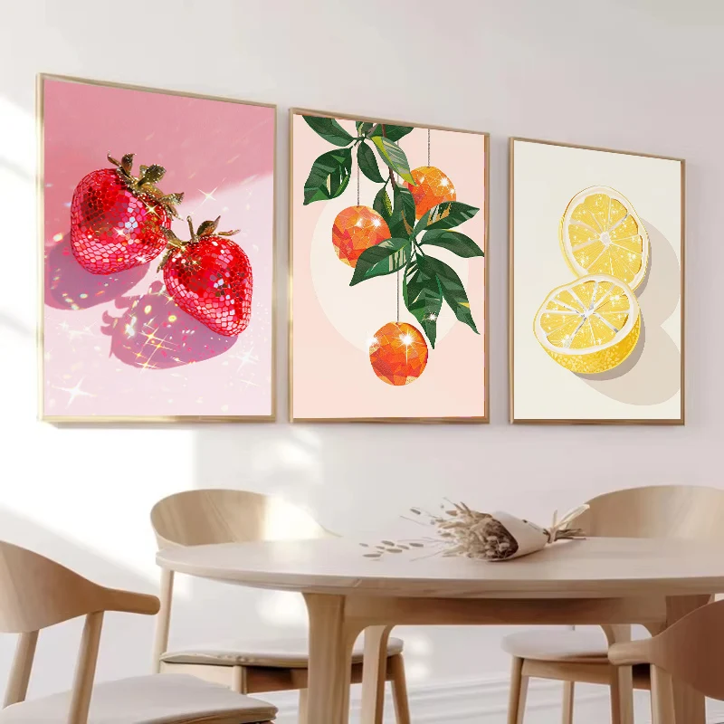 Fashion Pink Disco Lemon Grape Cherry Strawberry Pepper Poster Canvas Painting Print Fashion Wall Art Picture Kitchen Decor