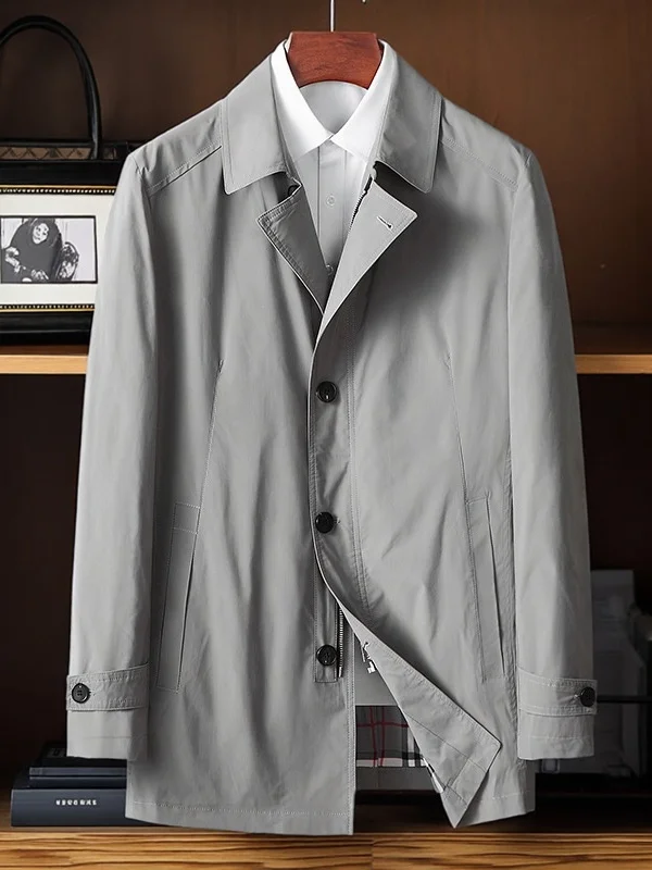 

Men's Mid-Length Casual Thin Coat Spring Autumn Busin Casual Fold-Down Collar Windbreaker Stand Fit Polyester Fiber