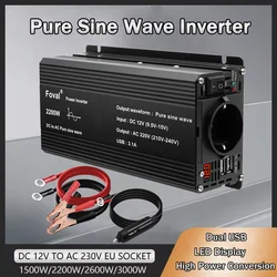 1500W/2200W2600W/3000W Power DC 12V TO AC 220V Car Inverter Adapter Power Converter With 3.1A Dual USB Pure Sine Wave EU Socket