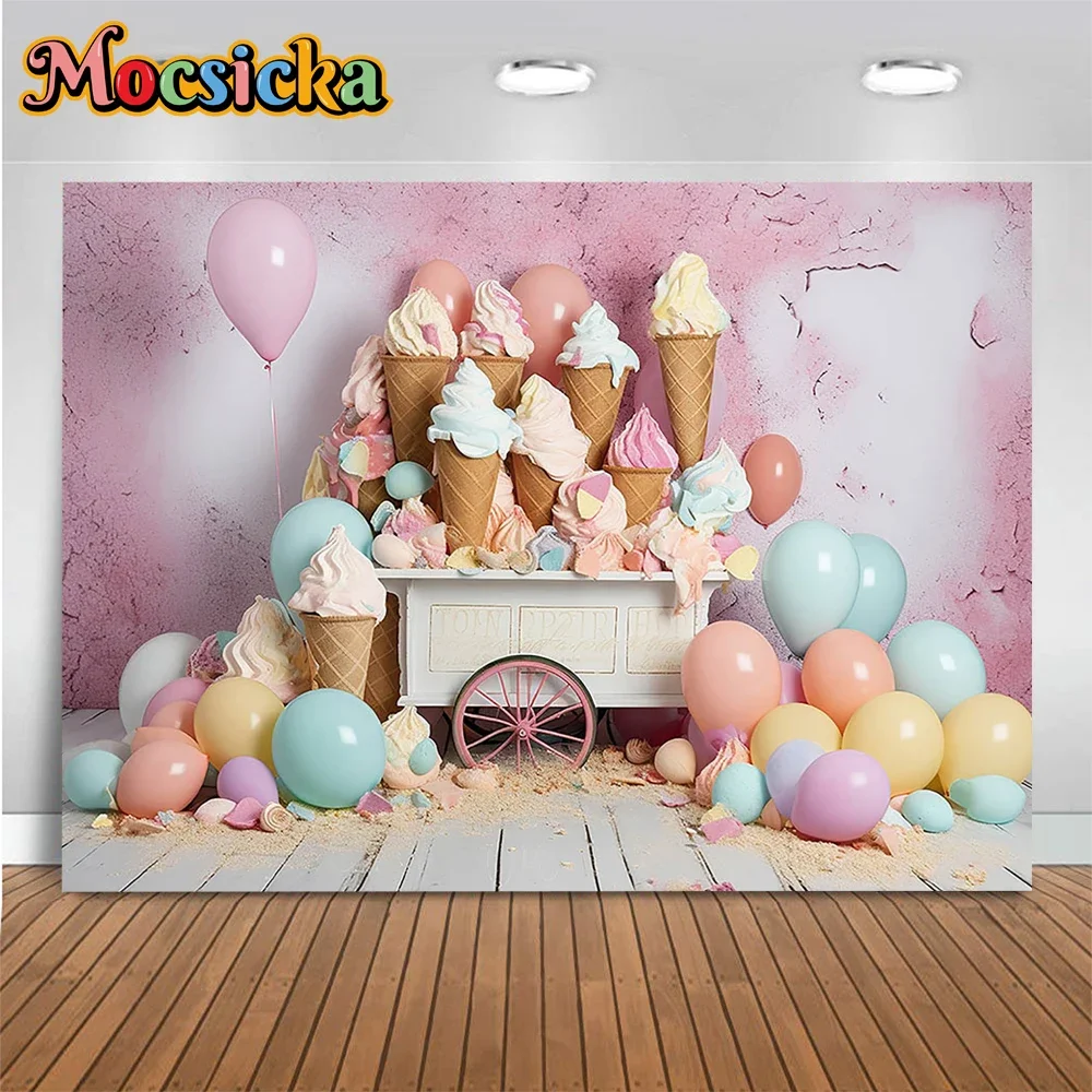 

Ice Cream Truck Girls Studio Cake Smash Background Balloon Decoration Sweet Birthday Party Backdrop Newborn Photoshoot Photos