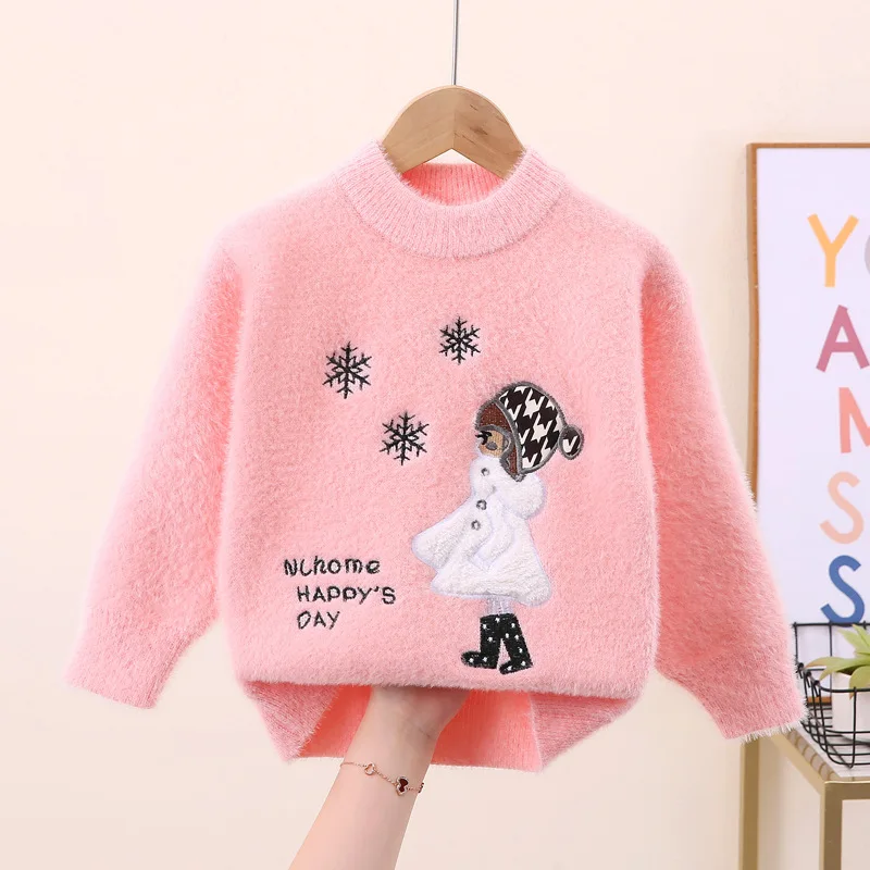 

Girls' sweater, mink fur pullovers, autumn and winter cartoon knitted sweater for children, 2025 new style, no pilling