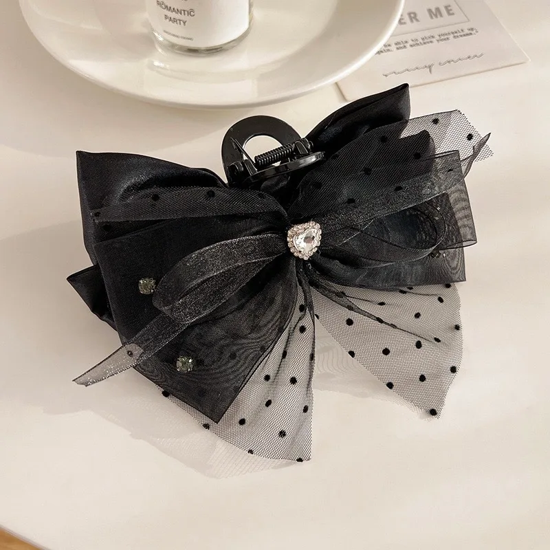 

Korean Headwear Black Double-sided Bows Hair Clip Claw Curly Grip Organza Yarn Accessoires Femme Girls Items Free Shipping