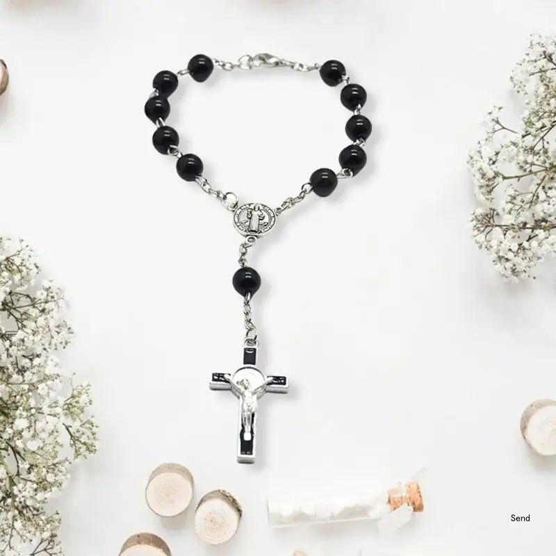 Catholic Finger Chain Mini Rosary Finger Baptism Rosaries Black Faux Pearls Bracelet for Baptism Christening