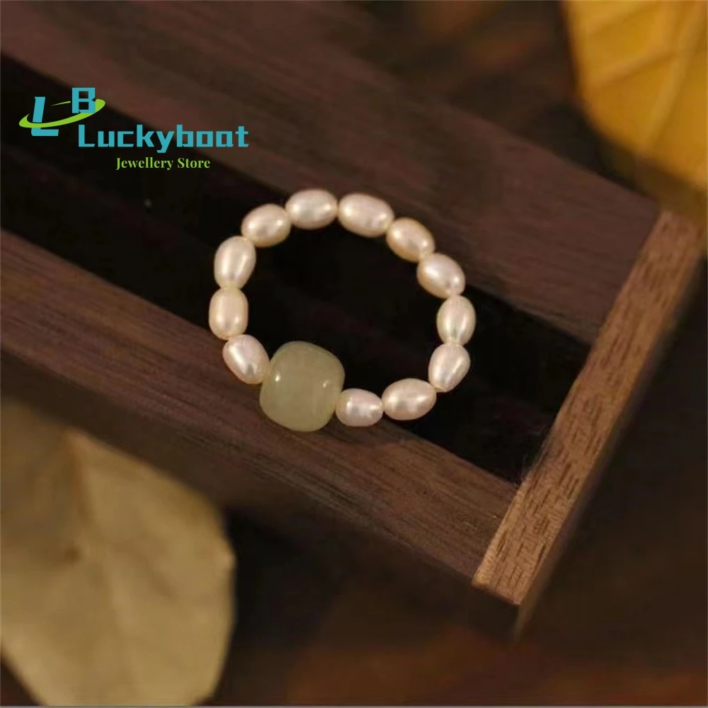 Hetian Jade Pearl Ring Female Ring Pearl Small Group Original Antique Ring