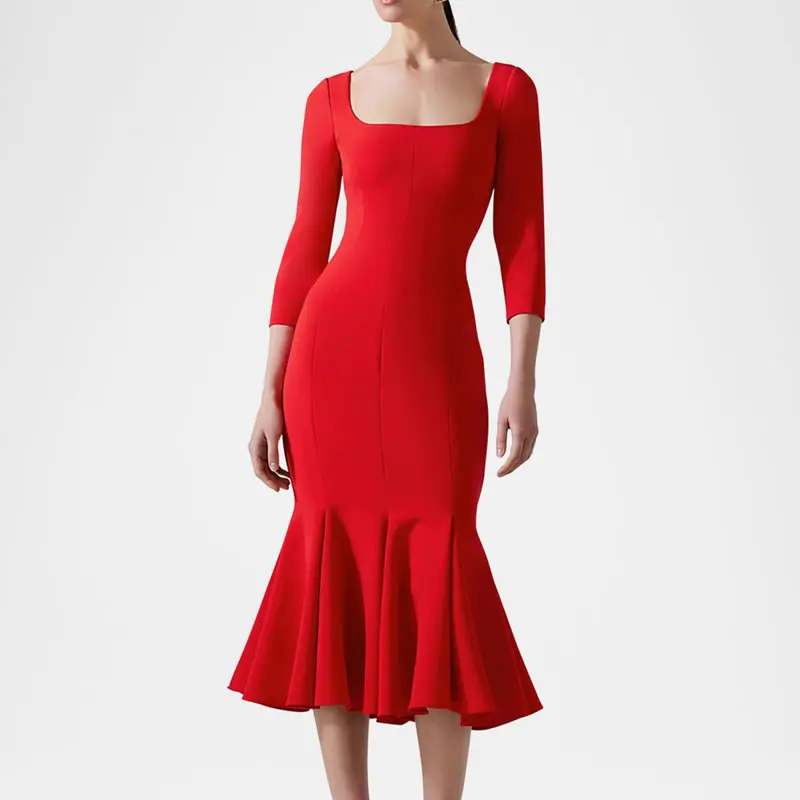 

Elegant Sexy Mermaid Dresses Red Solid Women Square Collar Dress