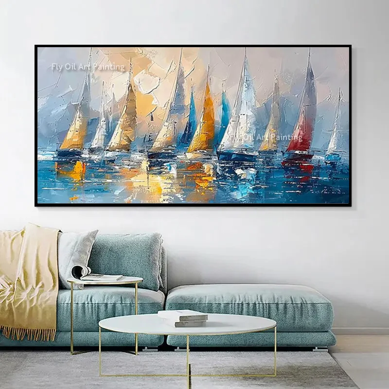 قوارب الشراع الملونة على البحر سكيب النفط اللوحة رسمت باليد كبيرة الأزرق المحيط عرض القوارب البيضاء الصفراء قماش جدار ديكور فني #4