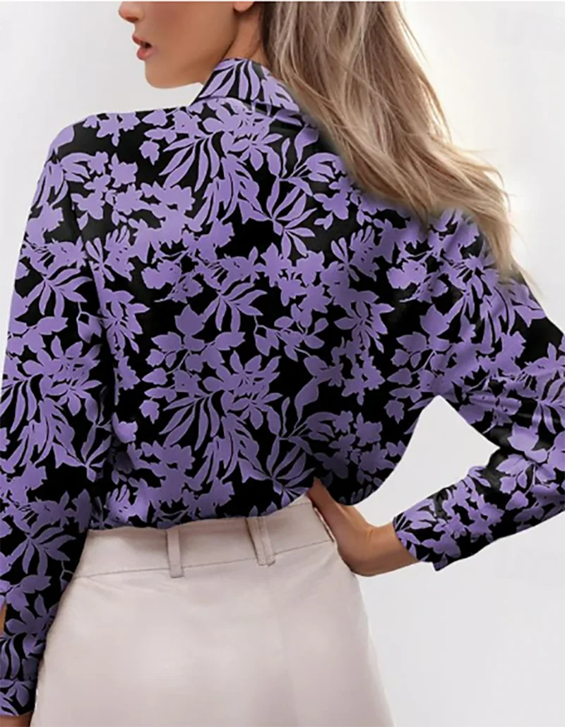 Purple Floral Cardigan Top Casual Fashion Women's Button Shirt Streetwear Floral Print Long Sleeve Loose V Neck