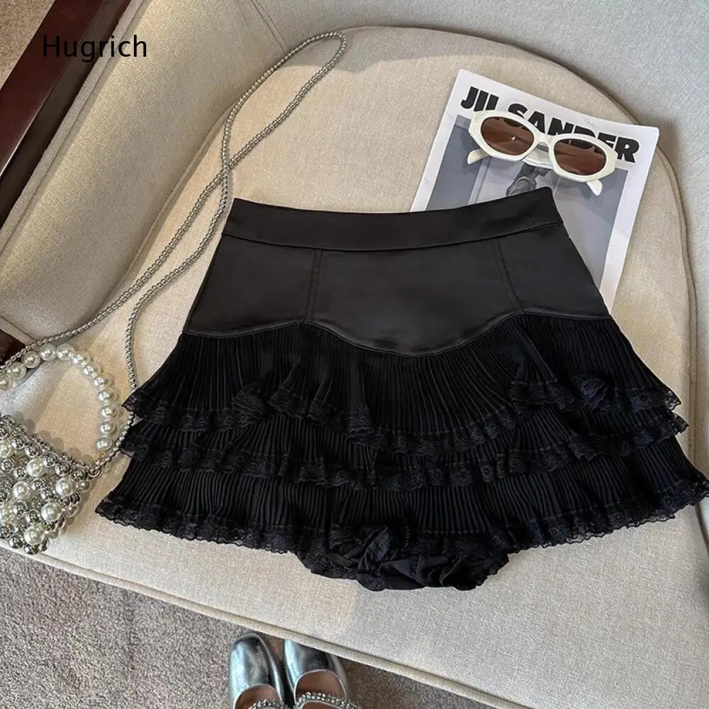 Multi Tier Ruffle Lace Trim Skort Solid Black High Waist Front Panel Splicing Pleated Flared Hem Everyday Women Mini Skirt