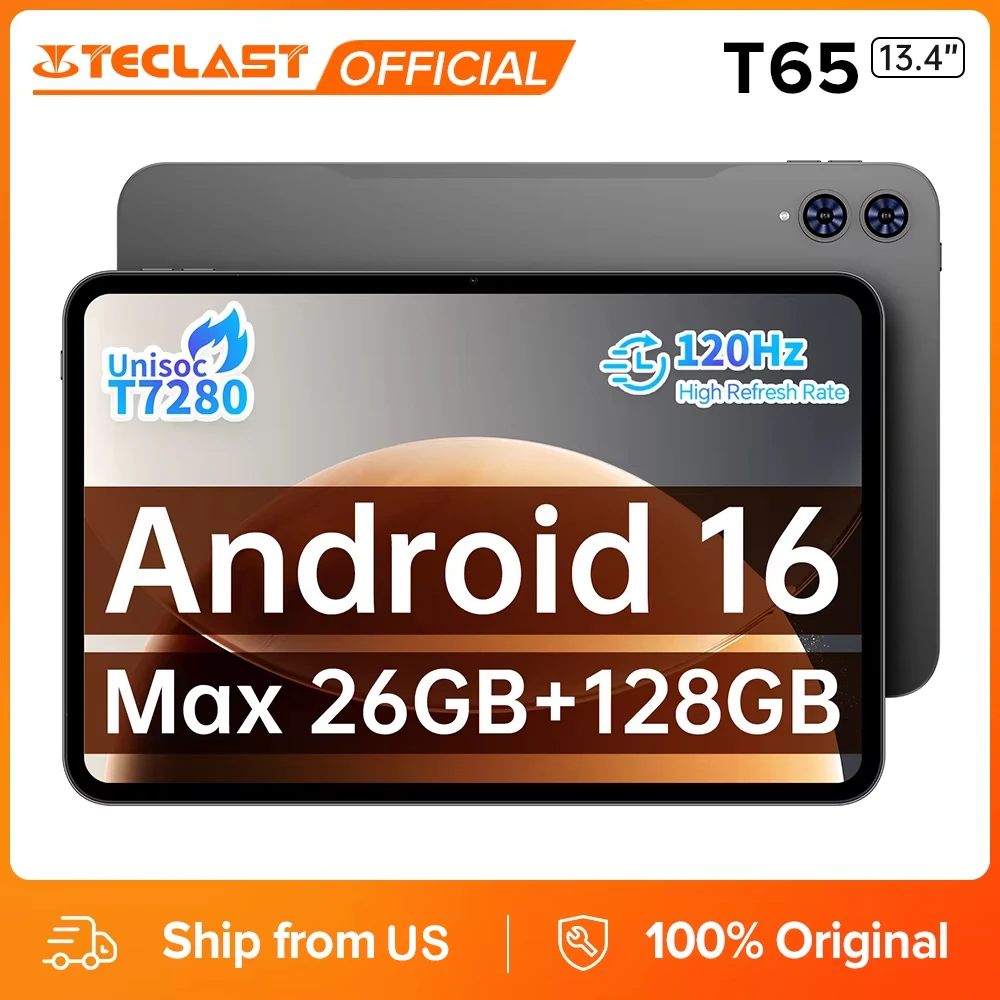 Teclast T65 Android 16 Tablet 13.4 inch 120Hz Max. 26GB RAM 128GB ROM 1920x1200 Unisoc T7280 Octa Core 8000mAh 4G LTE Support 4TB TF Card Extension With Case