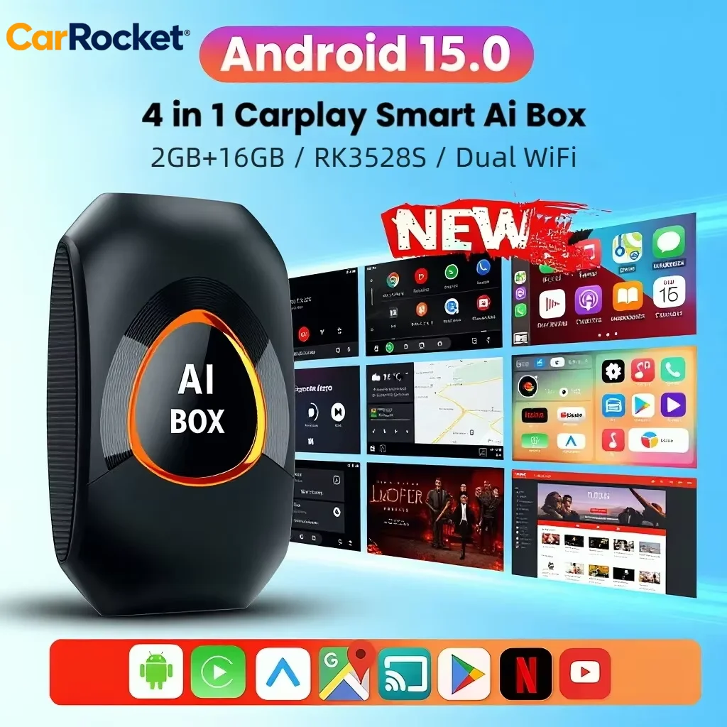 CarRocket Wireless CarPlay AI Box Android 15.0 Mirror Netflix YouTube on Car Screen Convert Wired CarPlay to Android System