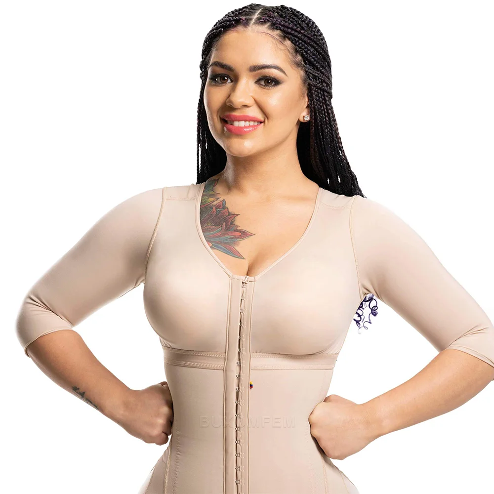 Seamless Faja with Sleeves & Bra Elastic Tight Push Up Complete Body Shaper Adjustable Bodysuits with Hook Eyes Shapewear Girdle