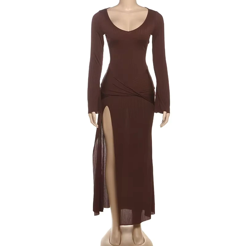 

Hipster Classic Women Dresses Simple Solid Crew Neck Full Sleeve Patchwork Split Maxi Bodycon Female Trend Party Frock