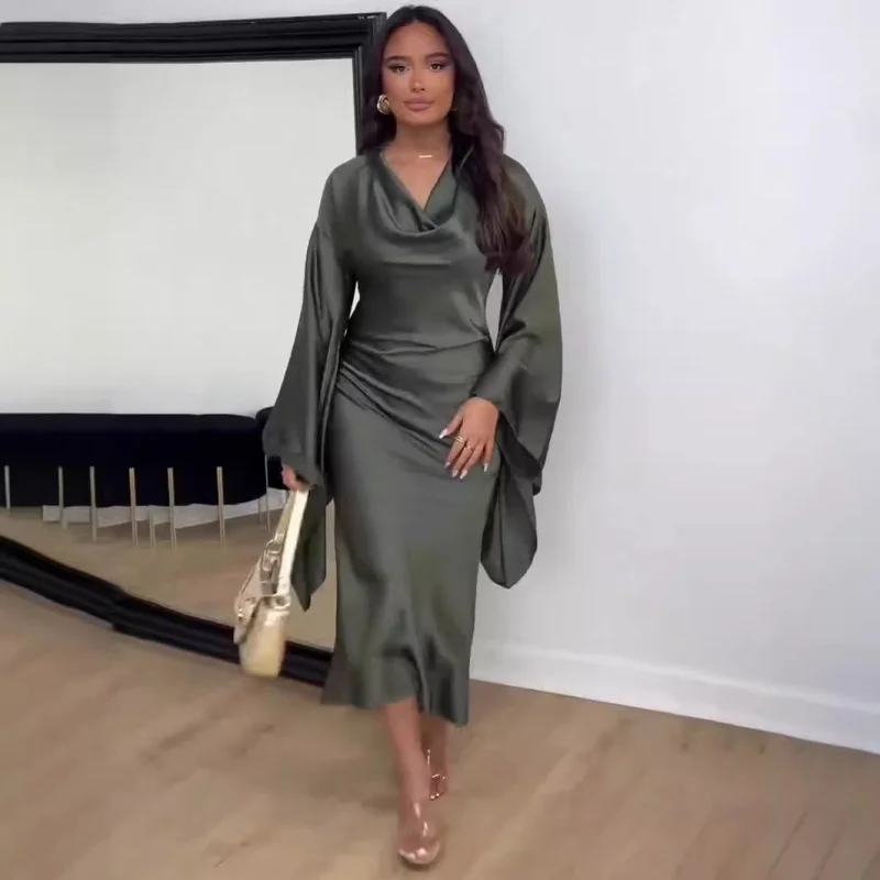 

Spring New Fashionable Batwing Sleeve Swing Collar Waist-Cinching Sexy Dress