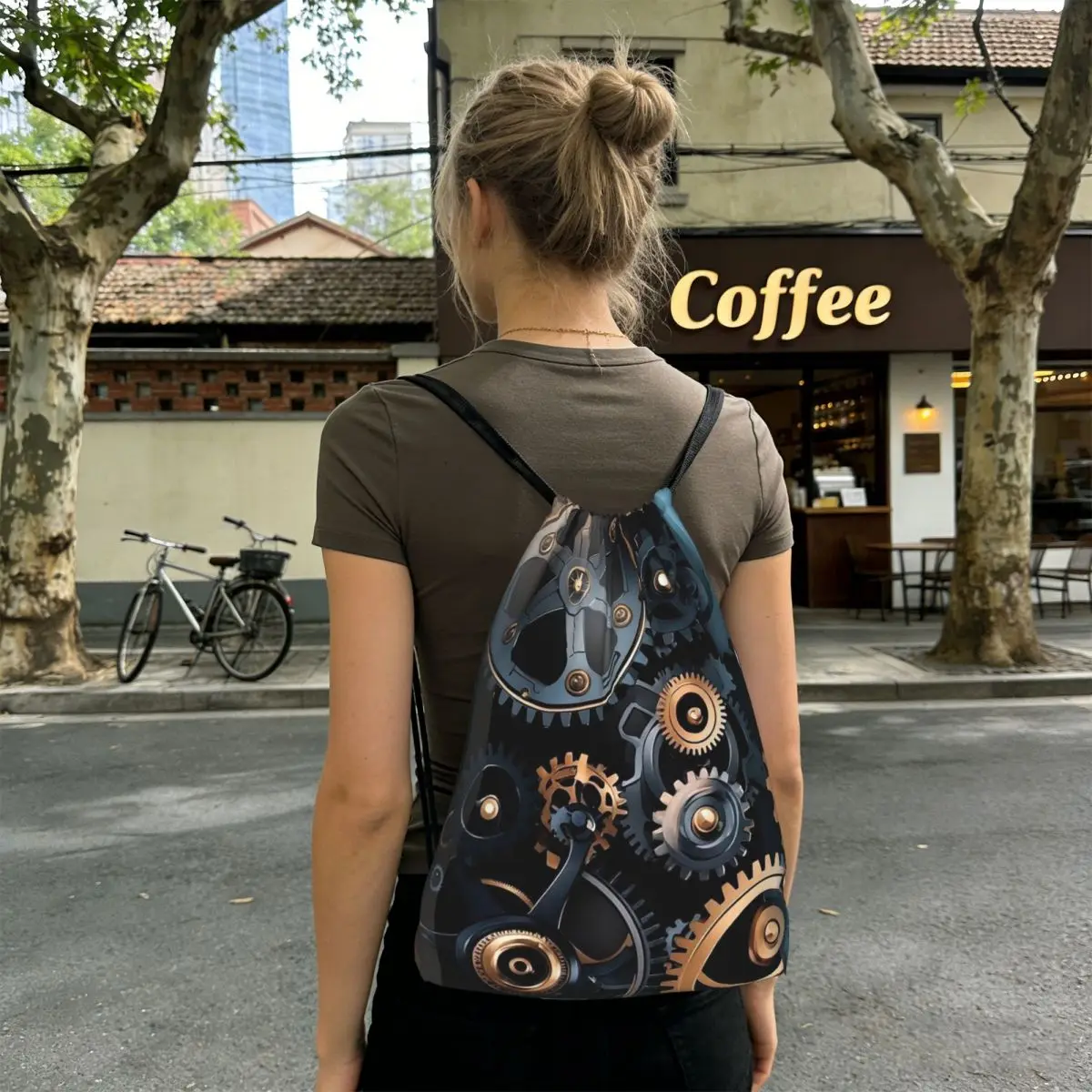 Mechanical Machine Gears Steampunk Style Backpacks Multi-function Drawstring Bundle Pocket Sports Bag Book Bags Travel Students