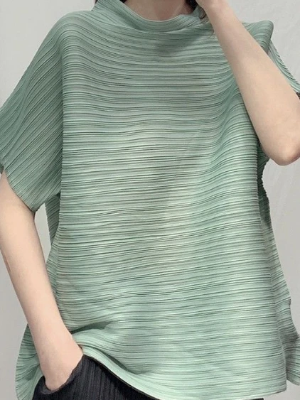 Three Houses Series Women's Summer High-End New Short Sleeve Folded Top Breathable Versatile Slimming Shirt Casual Loose Fit ...