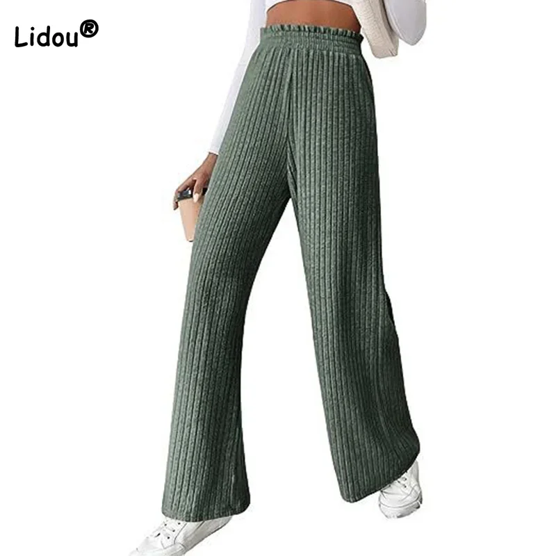 

Autumn Winter Solid Color Pit Strip Elastic Mid Waist Wide Leg Trousers New Casual Loose-fitting Knitted Womens Pants