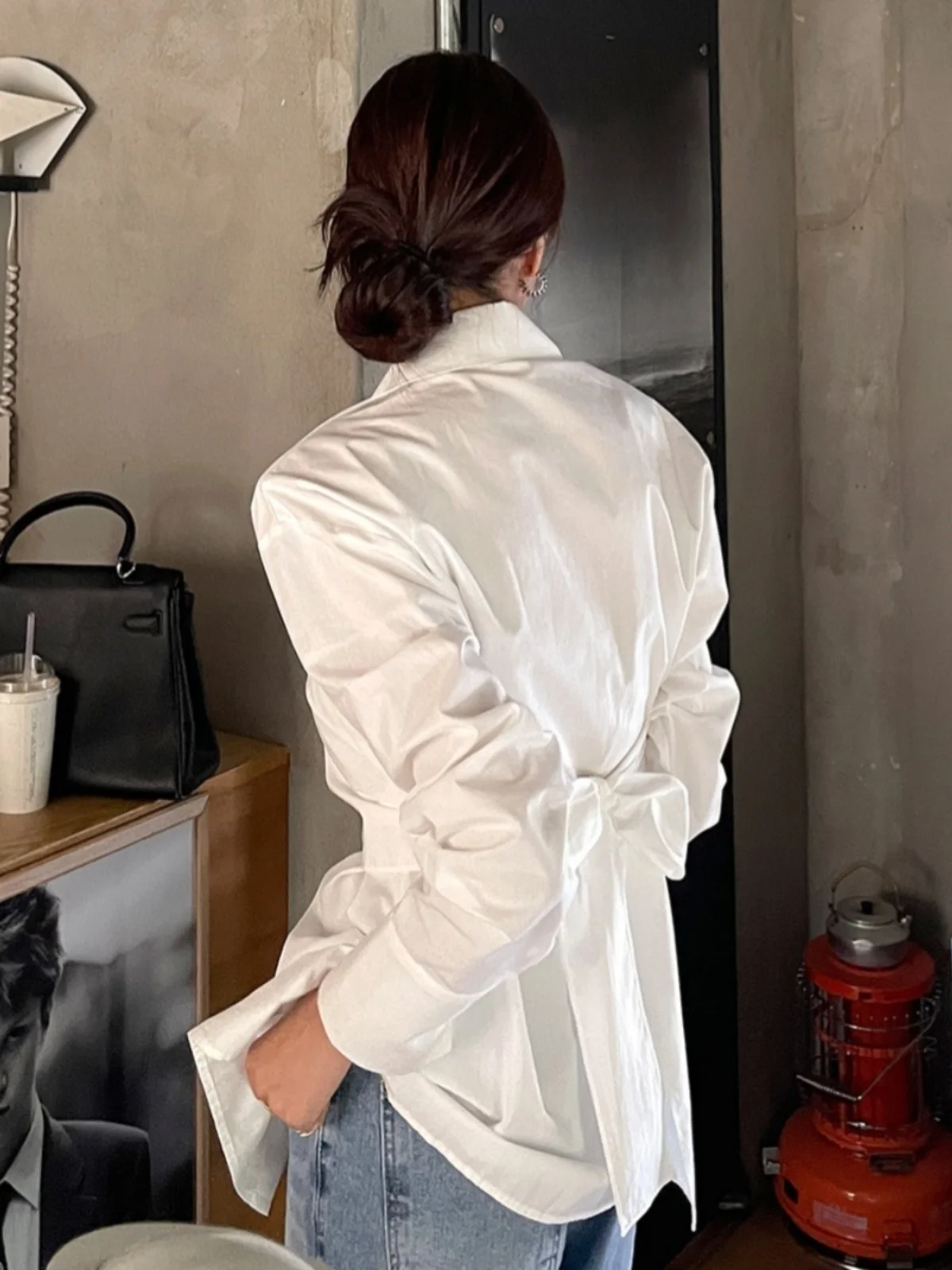 

Ele Women's irt Knot Ba Design Slim Fit Long Sve Collar Middler Length Pure Color Faionable Top