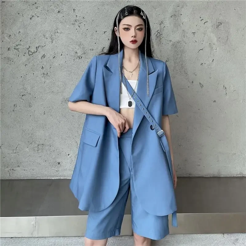 Blazer Suits for Women Summer Trend Thin Shorts Set Street Short Sleeve Suit Jacket and Casual Shorts Fashion Two Piece Sets Y2k