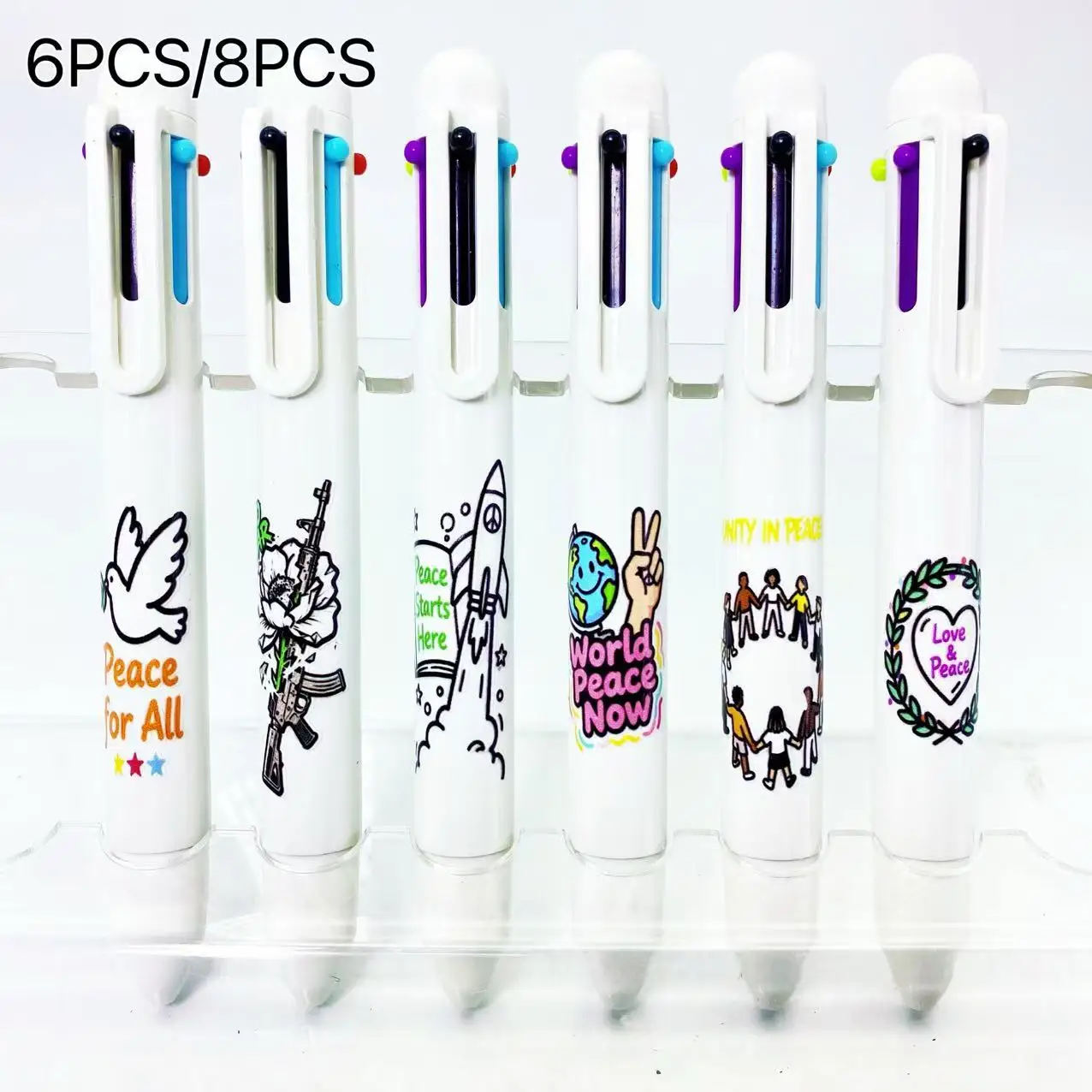 

6PCS/8PCS World Peace White Set Multicolor Ballpoint Pens Six-In-One Student Writing Pens