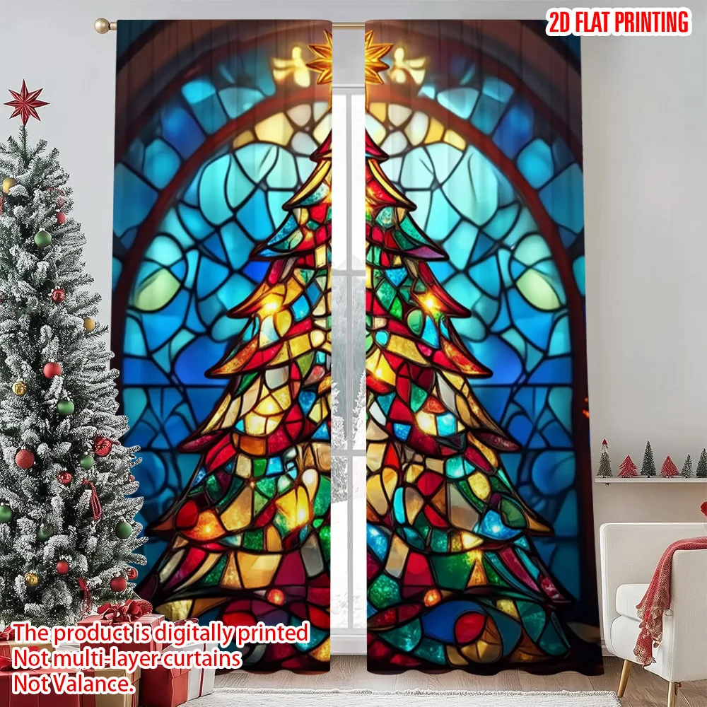 

2pcs 2D flat printing Christmas Curtains Christmas tree stained glass style Fabric Without Electricity Versatile Perfect for All