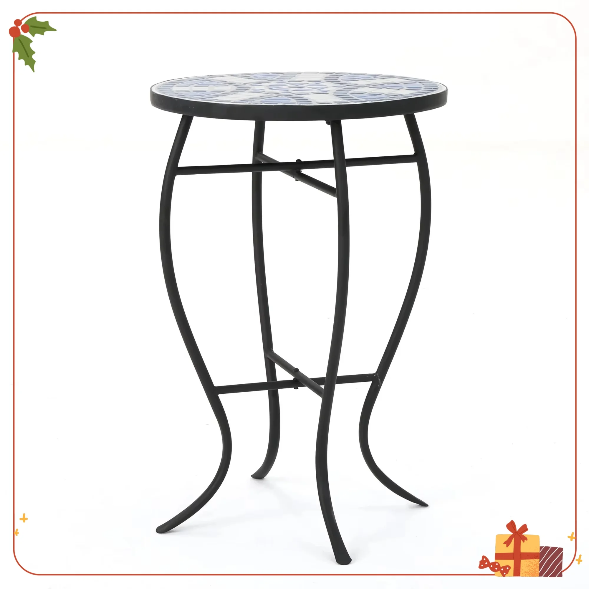Outdoor Ceramic Tile Side Table Blue & White with Iron Frame, Weather Resistant Accent Table for Patio & Garden
