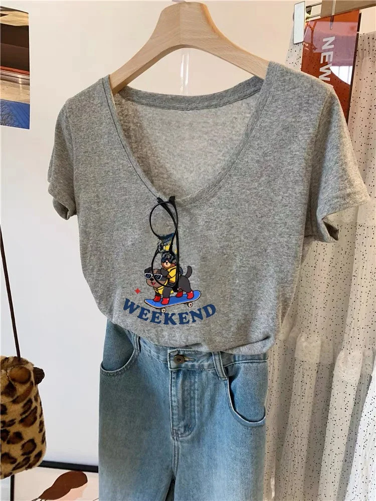 

plus Size Women's T-Shirt V-Neck Short Sleeve Snowflake Cotton Lightweight Summer Slimming Bear Pattern Commute Style Korean ...