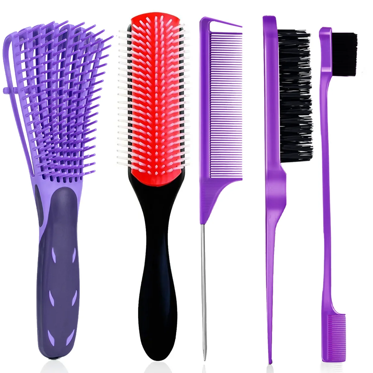 مجموعة فرش فك تشابك الشعر مكونة من 5 قطع، مجعدة، رطبة/جافة، شعر أسود، مجموعة فرشاة فك تشابك الشعر المرنة لتصفيف الشعر والقطع، سهلة التنظيف يوميًا