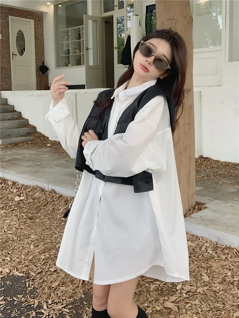 Korean Style Long Loose Turn-down Collar Long Sleeved Shirt+Leather Vest Two-piece Set Fashion Woman Clothes Set White Blouses