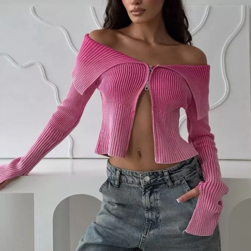 

Высококачественный свитер на одно плечо с двойными цепочками, облегающий крой для ранней осени, новый стиль с модным темпераментом для похудения