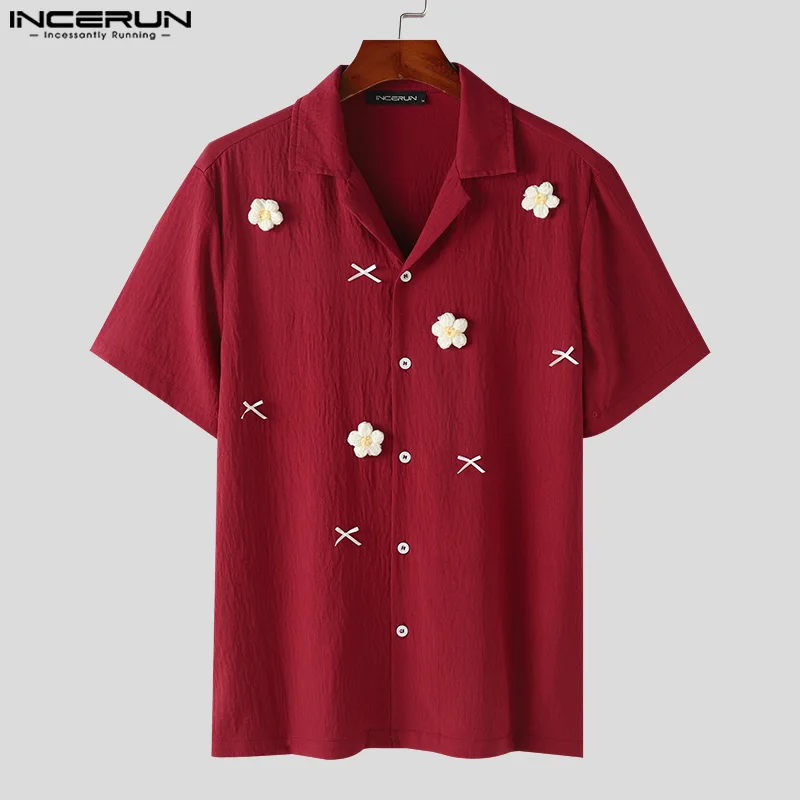 INCERUN Tops 2024 Korean Style New Men\'s Lapel Neck Patchwork Flower Design Shirts Casual Streetwear Short Sleeved Blouse S-5XL