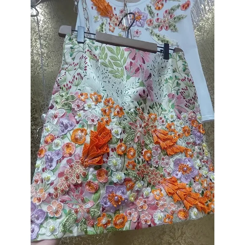 

Luxury Three-dimensional Colorful Embroidery Flowers Midi Skirt Women 2024 Autumn New High-end Dopamine Petal Mid-length Skirts