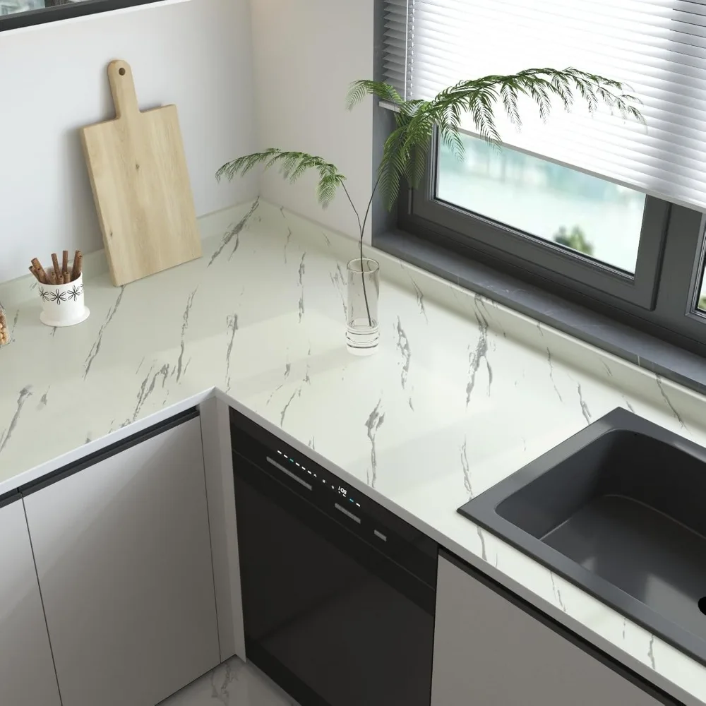 ورق اتصال رخامي قابل للتقشير واللصق لطاولات المطبخ: 393.7 × 48 بوصة، مظهر جرانيت ناعم باللون الأبيض العاجي