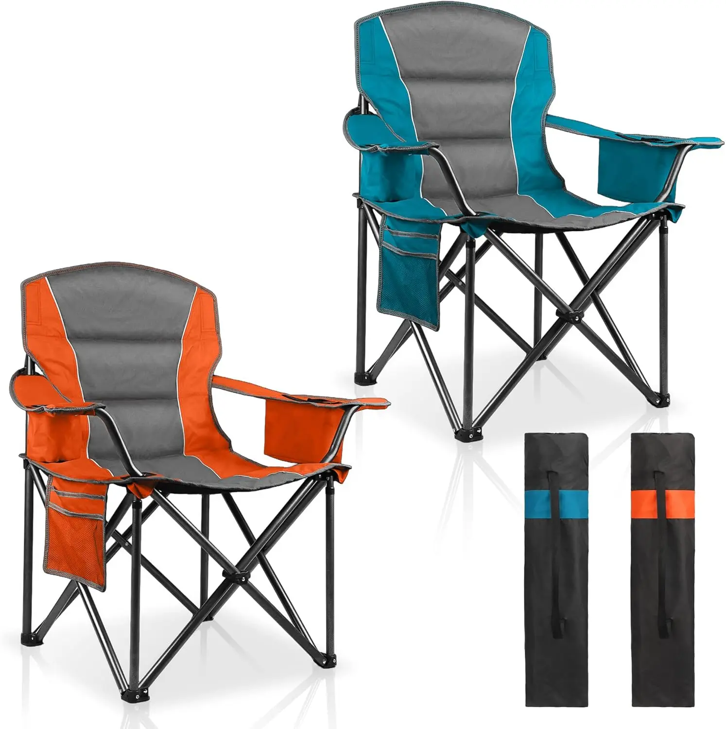 2 Pack Oversized Camping Chairs for Adults, Heavy Duty 400 Lbs Support, Folding Portable with Cup Holder & Cooler Bag
