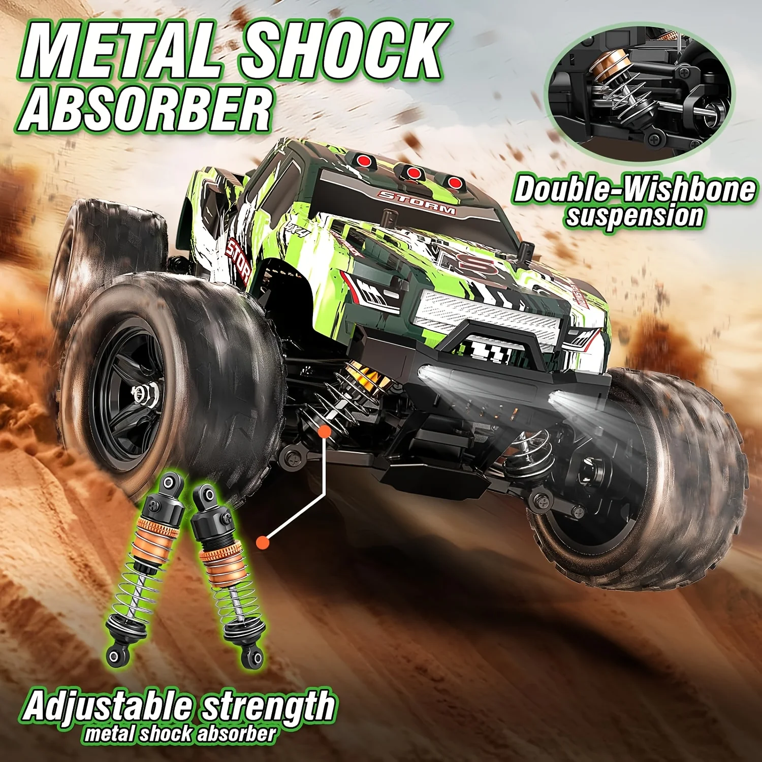 

Off-road RC toy car, 2.4GHz remote control, all-terrain adaptability, sturdy alloy body with safety design.