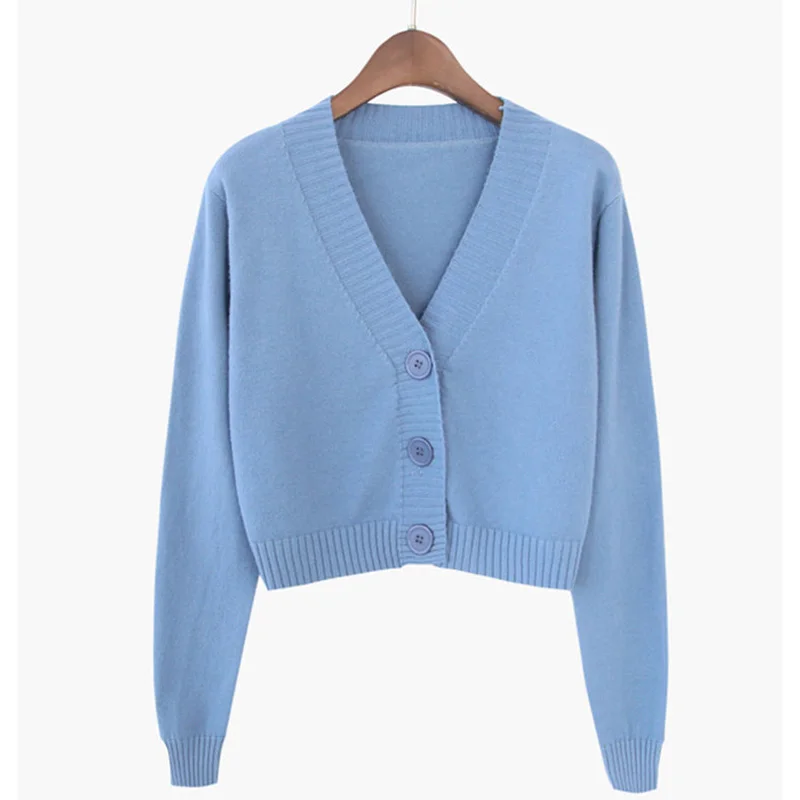 2022 Spring and Autumn Knitted Crop Cardigan Women Korean Short Sweater Long sleeve V neck Green Blue